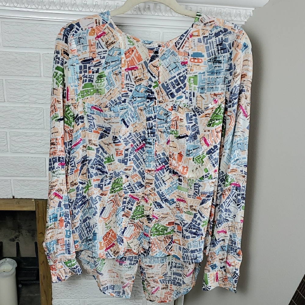Maeve By Anthropologie Women's Multicolor Graphic Print Map Shirt Blouse Sz 8 - Picture 2 of 15